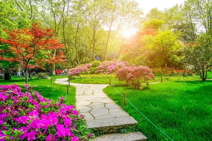 an outdoor path and living space with trees and flowers