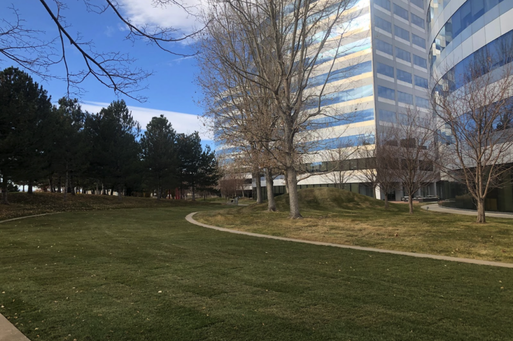 Grass infill TRUEGRID PRO PLUS fire lane at a building complex.