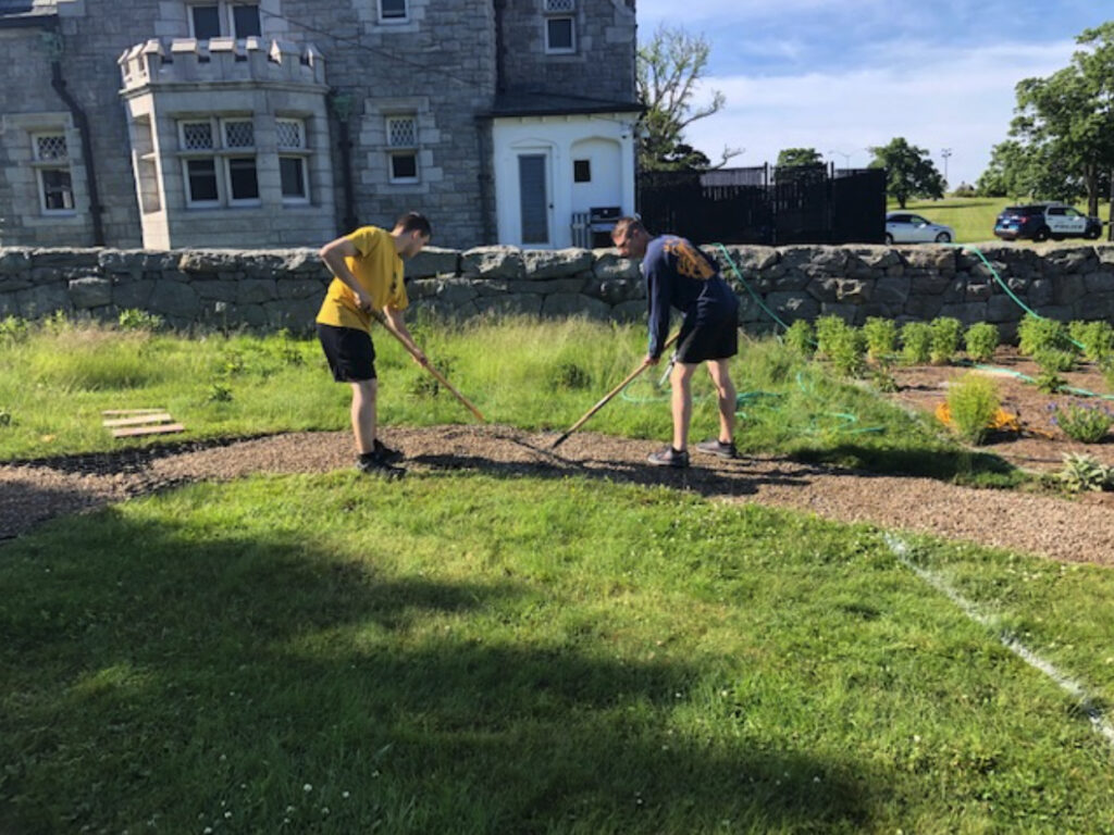 Gravel pebbles in place during a pathway installation.