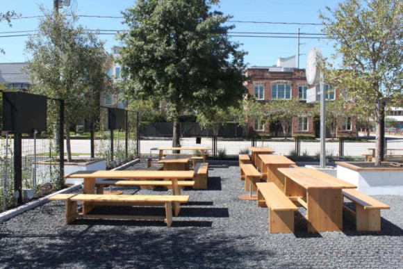 A community sitting area with refreshed ground covering.